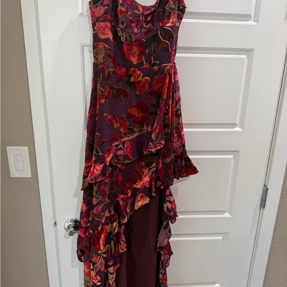 Amanda Uprichard Strapless Floral High-Low Gown in Burgundy and Red - Picture 3 of 4